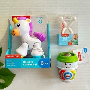 FISHER-PRICE Diamond Ring Rattle, On the Glow Coffee Cup, Unicorn Clicked